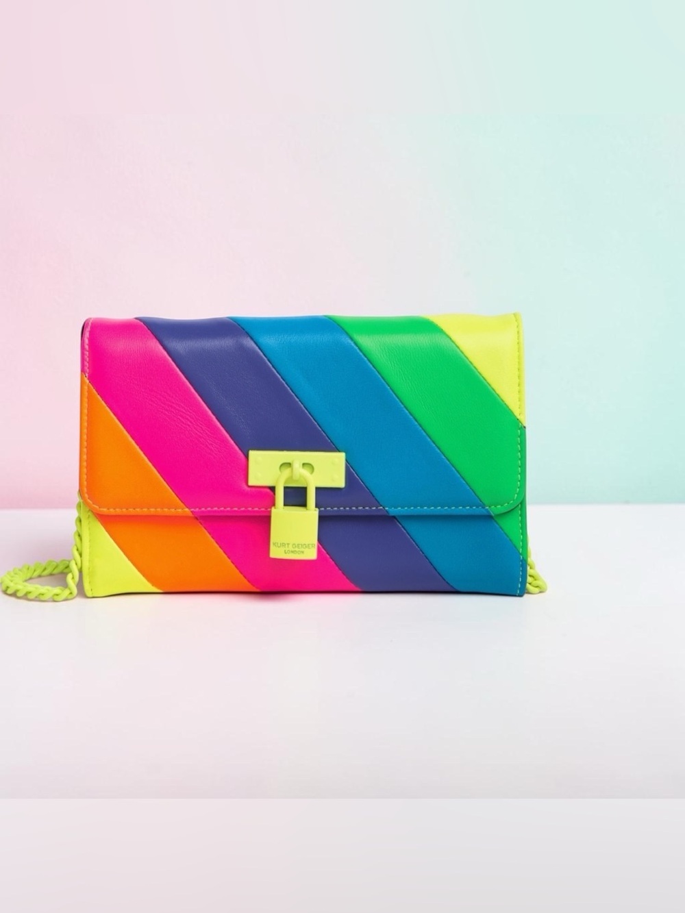 Kurt Geiger London Brixton Rainbow Leather Chain Wallet Neon Stripe Crossbody Ba